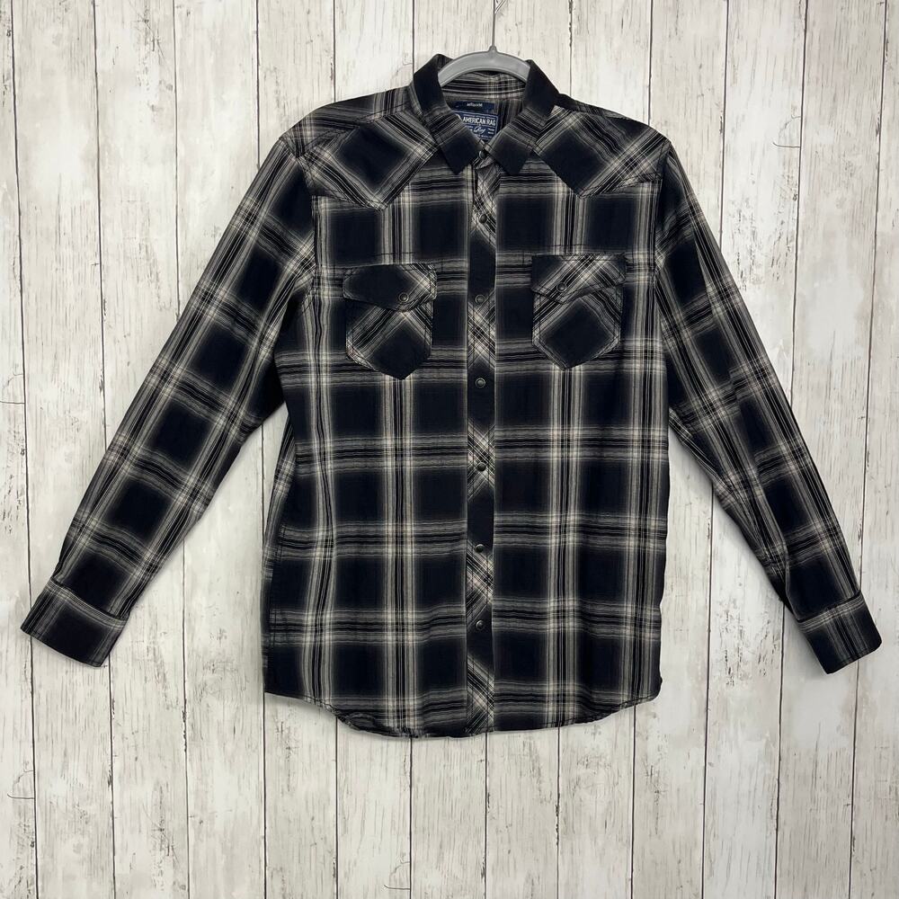 American Rag Long Sleeve Snap Front Plaid Lightweight Casual Button Down Shirt - Picture 1 of 8